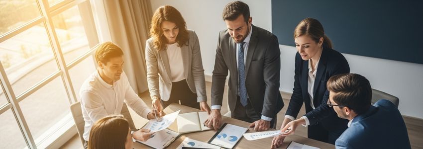 Business team discussing revolving credit and cash flow strategies in a modern office