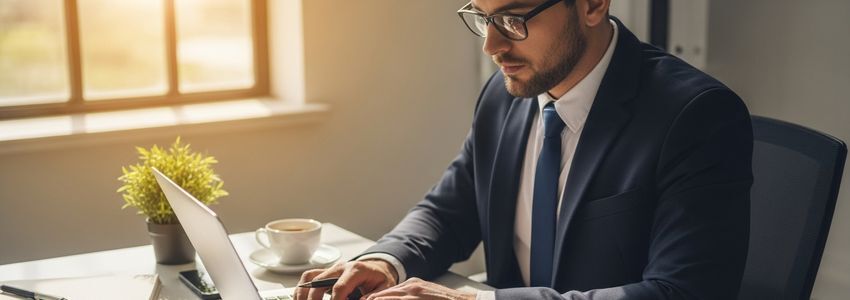 Seasonal business owner reviewing revolving credit financial statements at a modern office desk