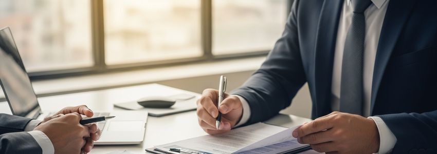 Rialto California small business owner reviewing loan documents at a professional office desk