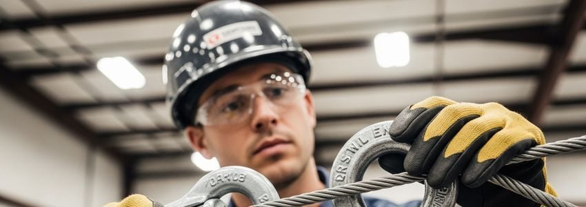 Industrial rigging specialist inspecting heavy lifting equipment and rigging hardware