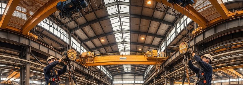 Industrial workers operating overhead crane and hoist system in manufacturing facility - rigging equipment financing