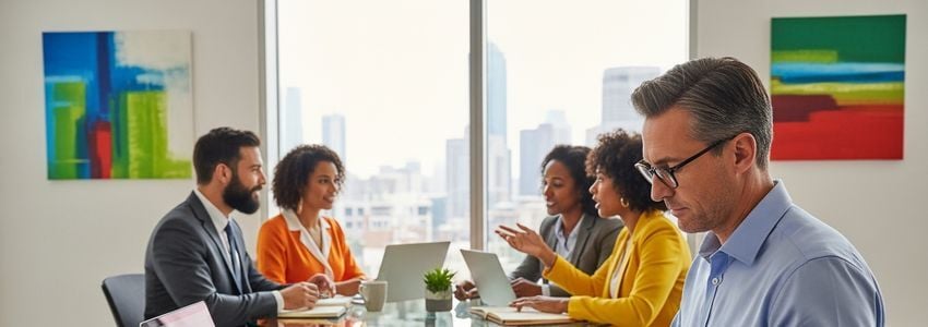 Business professionals reviewing Right at Home franchise financing documents at an office meeting