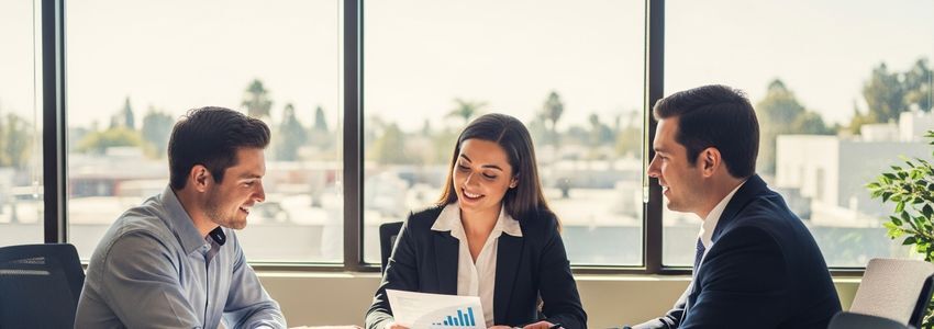 Business loan consultation for a small business in Riverside California with professionals reviewing documents