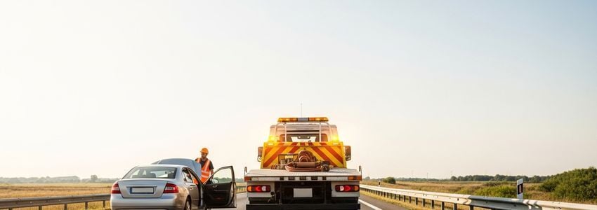 Roadside assistance service truck with amber warning lights responding to a broken down vehicle on a highway shoulder