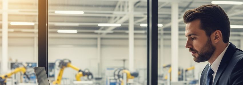 Manufacturing business owner reviewing robotic arm financing documents with factory equipment visible in background