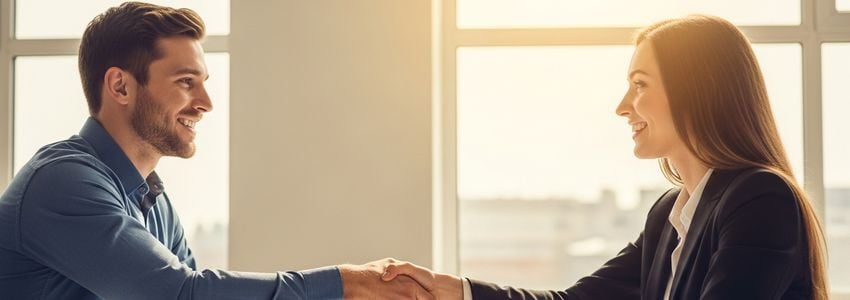 Small business owner reviewing financing documents in a professional office meeting