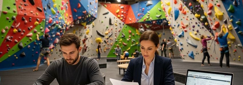 Rock climbing gym owner reviewing business loan financing options with a financial advisor