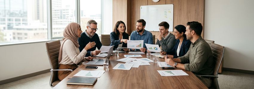 Business team reviewing financial ROI reports and loan analysis documents at a conference table