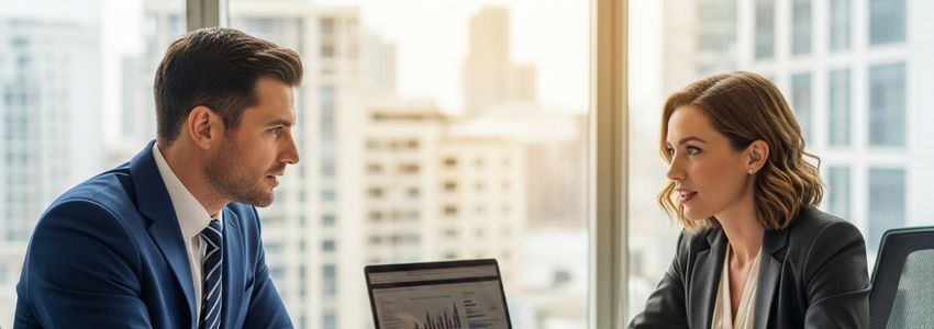 Business owner and financial advisor reviewing loan strategy and ROI growth charts