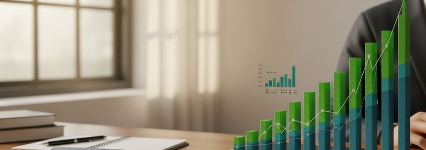 Small business owner reviewing ROI and financial returns with charts and documents on desk