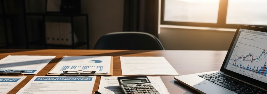 Business professional reviewing equipment lease contract documents with financial charts and calculator on modern office desk