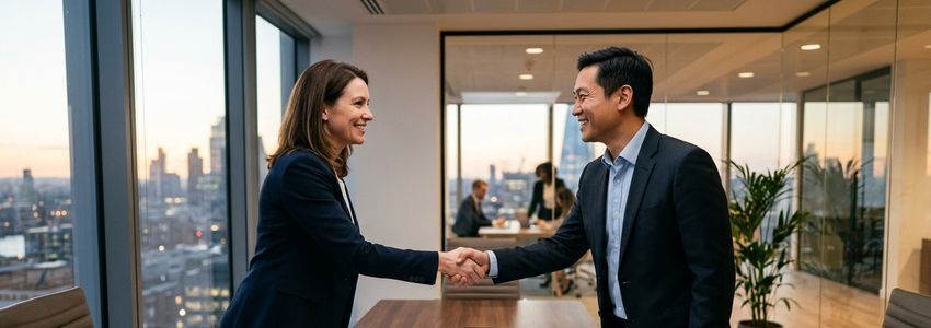 Business professionals shaking hands in a modern office, finalizing a business loan agreement