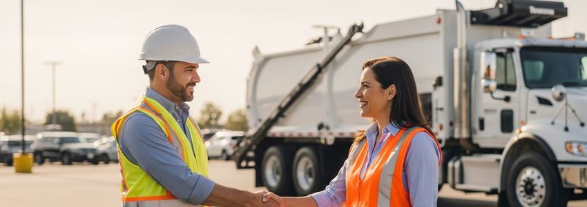 Business owner and financing representative shaking hands at a commercial truck dealership, with a roll-off truck visible in the background
