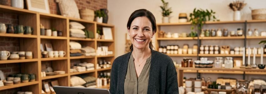 Small business owner reviewing merchant account statements and financing options at an office desk