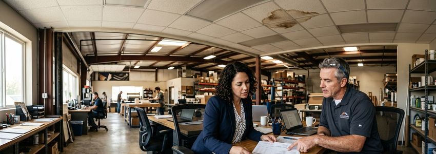 Business owner and roofing contractor reviewing repair estimate documents on a commercial rooftop with visible leak damage