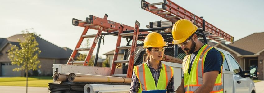 Roofing contractors reviewing financing options at a job site
