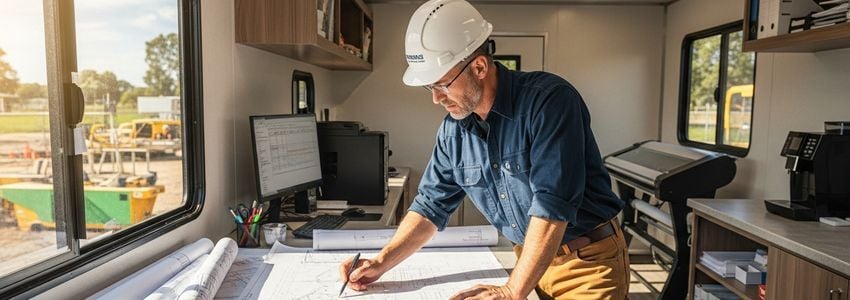 Roofing business owner reviewing financing documents and blueprints at a construction site office