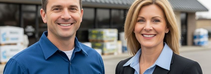 Roofing contractor reviewing financing documents with business partner