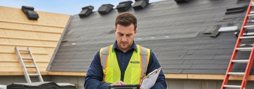 Roofing contractor reviewing financing documents at job site