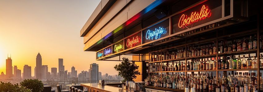 Rooftop bar owner reviewing financing documents at a modern outdoor venue