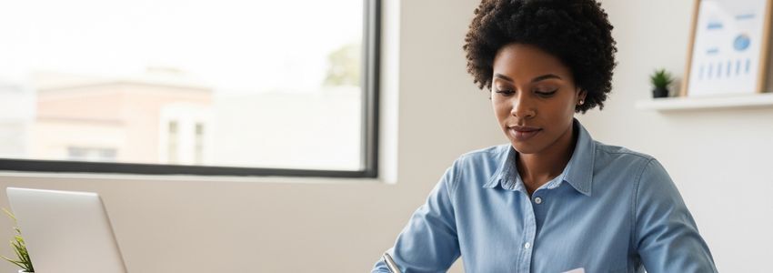 Small business owner reviewing loan documents at a desk in a California office