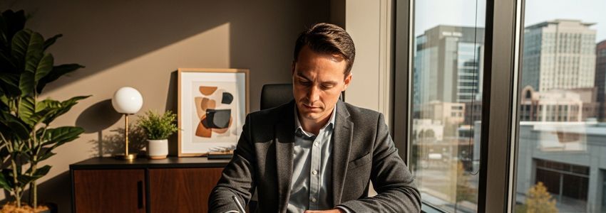 Small business owner reviewing financing documents in Roswell, Georgia office