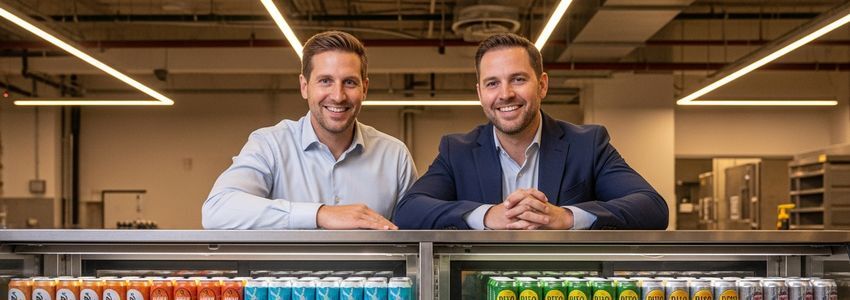 RTD cocktail business professionals standing in front of a commercial beverage display, representing ready-to-drink cocktail company financing