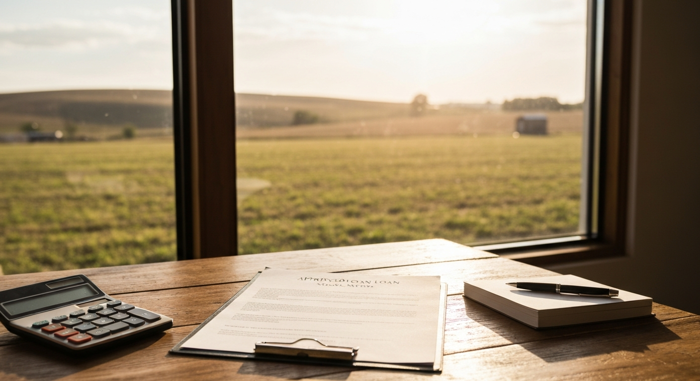 Rural business loan documents and calculator on rustic desk
