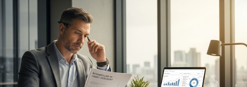 Business owner reviewing line of credit documents to fund rush orders