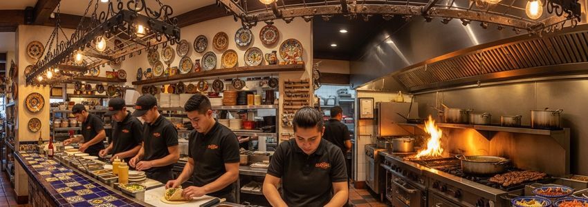 Rusty Taco franchise restaurant kitchen with staff preparing tacos