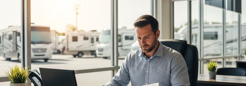 RV dealership owner reviewing business loan financing documents at a modern dealership office with RV lot visible in background