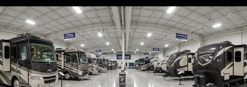 RV dealership showroom interior with recreational vehicles on display