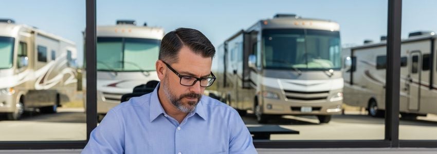 RV fleet financing specialist reviewing loan documents with motorhomes in background