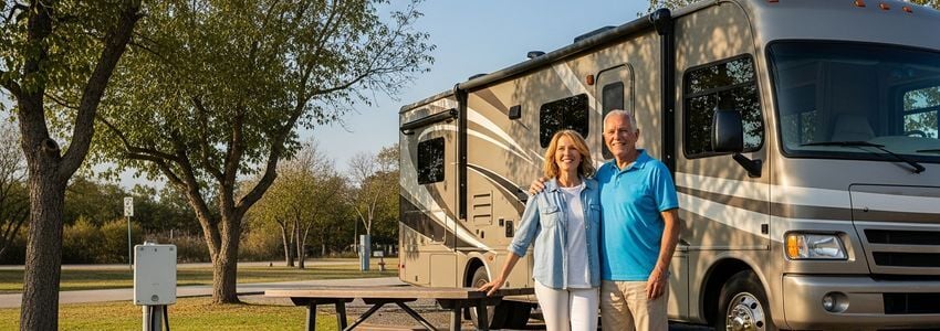 Happy couple at their RV site at a well-maintained campground with hookup pedestal and picnic table