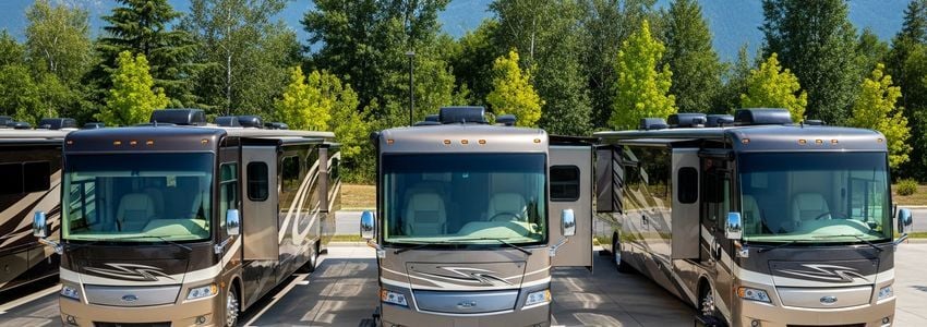 Fleet of Class A motorhomes at an RV rental lot, representing RV rental business financing opportunities