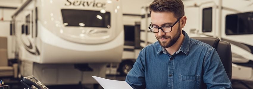 RV repair shop owner reviewing business loan documents