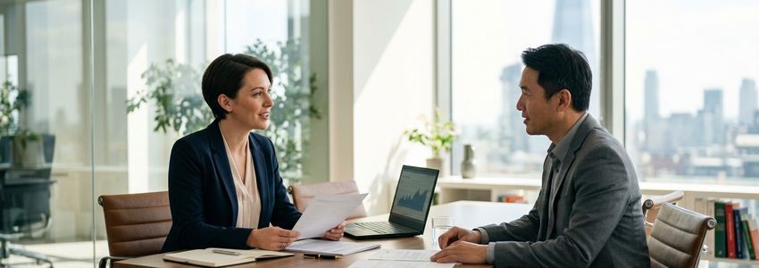 S-corporation business owner reviewing loan documents with a financing specialist at a modern office