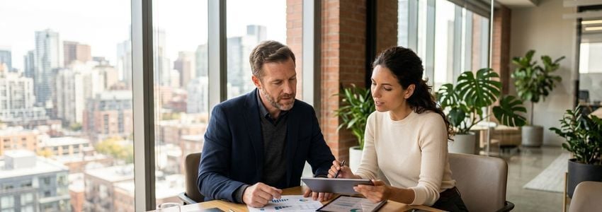 Small business team reviewing software subscription costs and technology budget on a laptop in a modern office