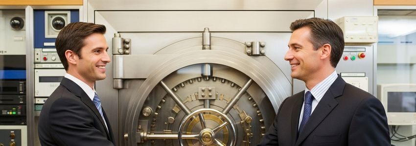 Safe and vault business owner reviewing financing options with a lender in a commercial setting