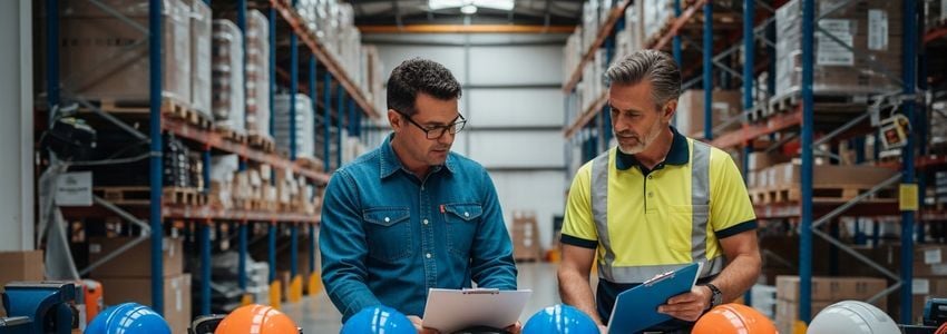 Business professionals reviewing safety compliance equipment financing options in a warehouse setting
