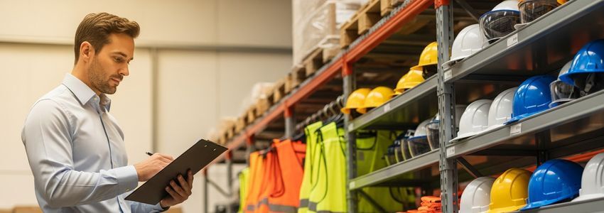 Safety equipment business owner reviewing PPE inventory in a warehouse