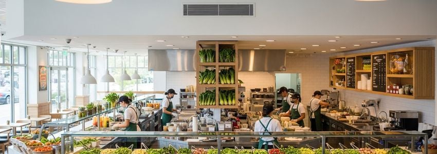 Professional staff working in a fast-casual salad restaurant interior with fresh ingredients on display