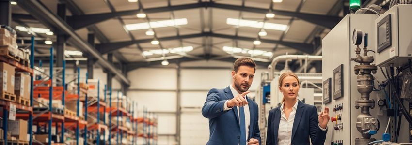 Business professionals reviewing equipment for a sale-leaseback financing agreement in a warehouse facility