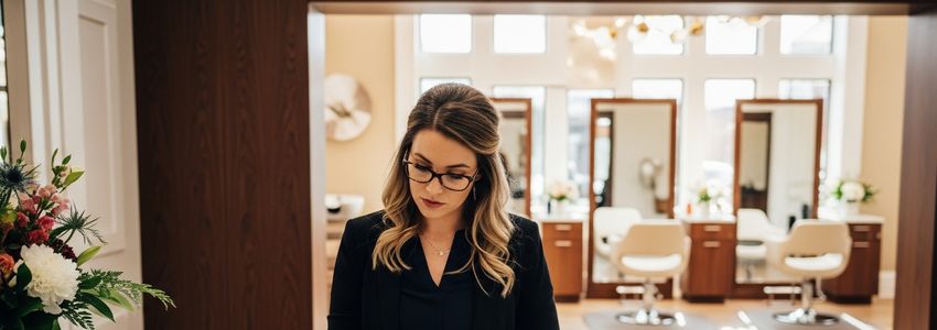 Salon owner reviewing equipment lease options at salon reception desk