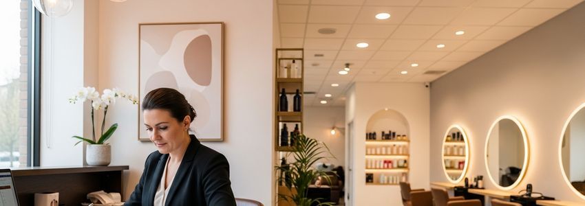 Salon owner reviewing financing options at reception desk