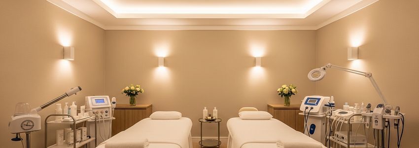 Professional spa treatment room with high-end massage tables and spa equipment