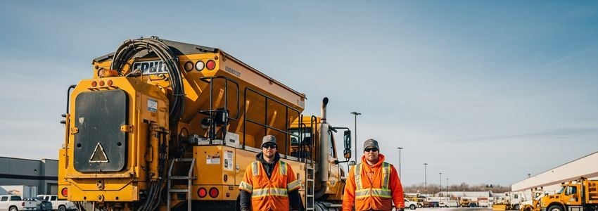 Commercial snow removal contractors standing in front of a truck-mounted salt spreader at a commercial fleet depot
