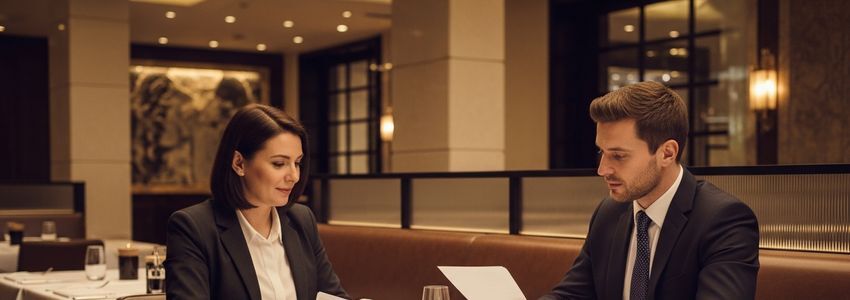 Business owner reviewing franchise financing documents at restaurant table