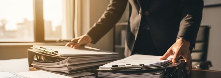 Business professional organizing documents for same-day business funding application