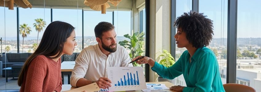 San Diego small business owners reviewing financing options with a financial advisor in a modern office